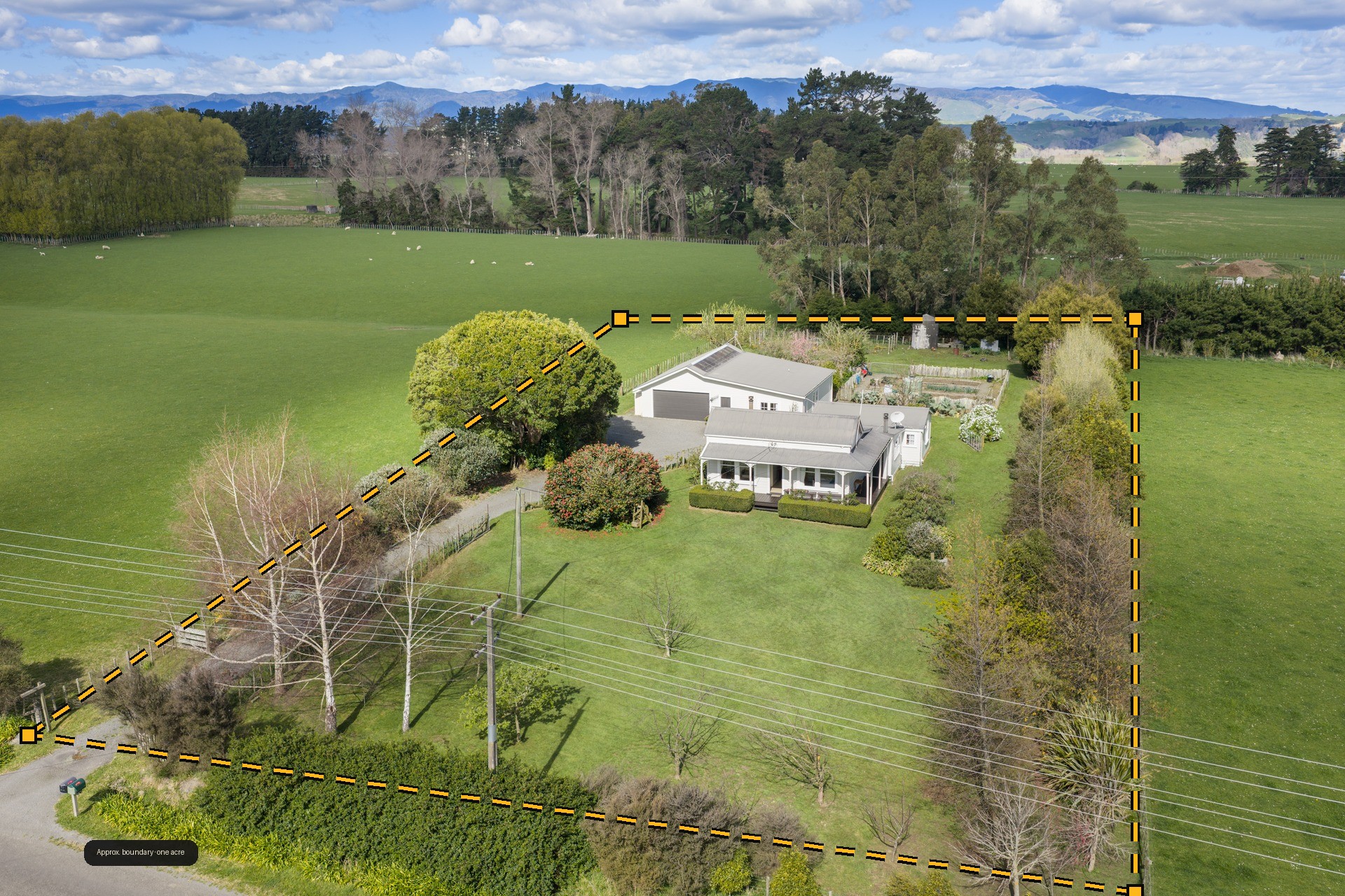 Aerial view of 2114 Kimbolton Road, Kiwitea, Feilding with the approximate one-acre boundary marked